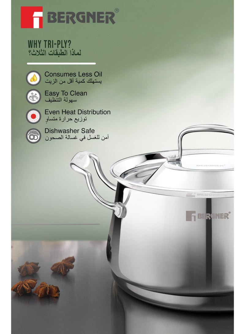 Bergner Argent Samsara 28cm (8L) Tri-Ply Stainless Steel Deep Cooking Pot, Cook &  Serve Handi for Biryani, Rice, Curries, Pulao, Consumes Less Oil, Healthy Cooking, Induction & Gas Stove Compatible - Image 4